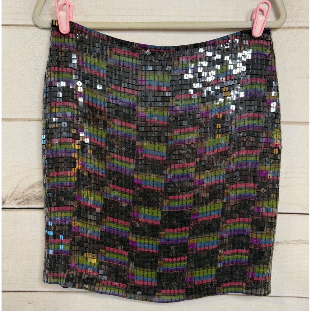 Identity Lord & Taylor Women 8 Silk Sequin Mini Skirt Multi Color Stripe Party